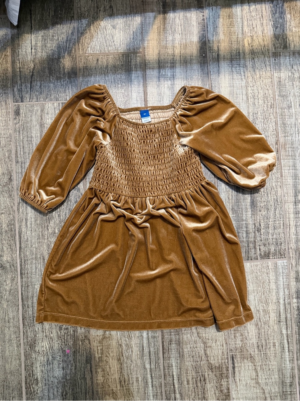 Old Navy Camel Velvet Smocked Puff-Sleeve Dress